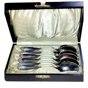 Antique 1920 6 Demitasse Spoons Silver Plated Ornate in Original Satin Lined Box